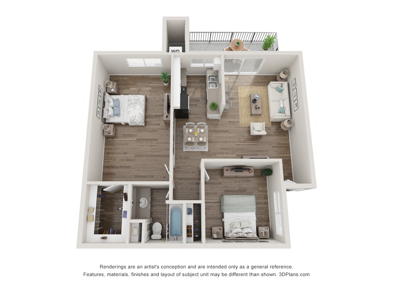 Floor plan for 2 beds, 1 bath, 962 sqft